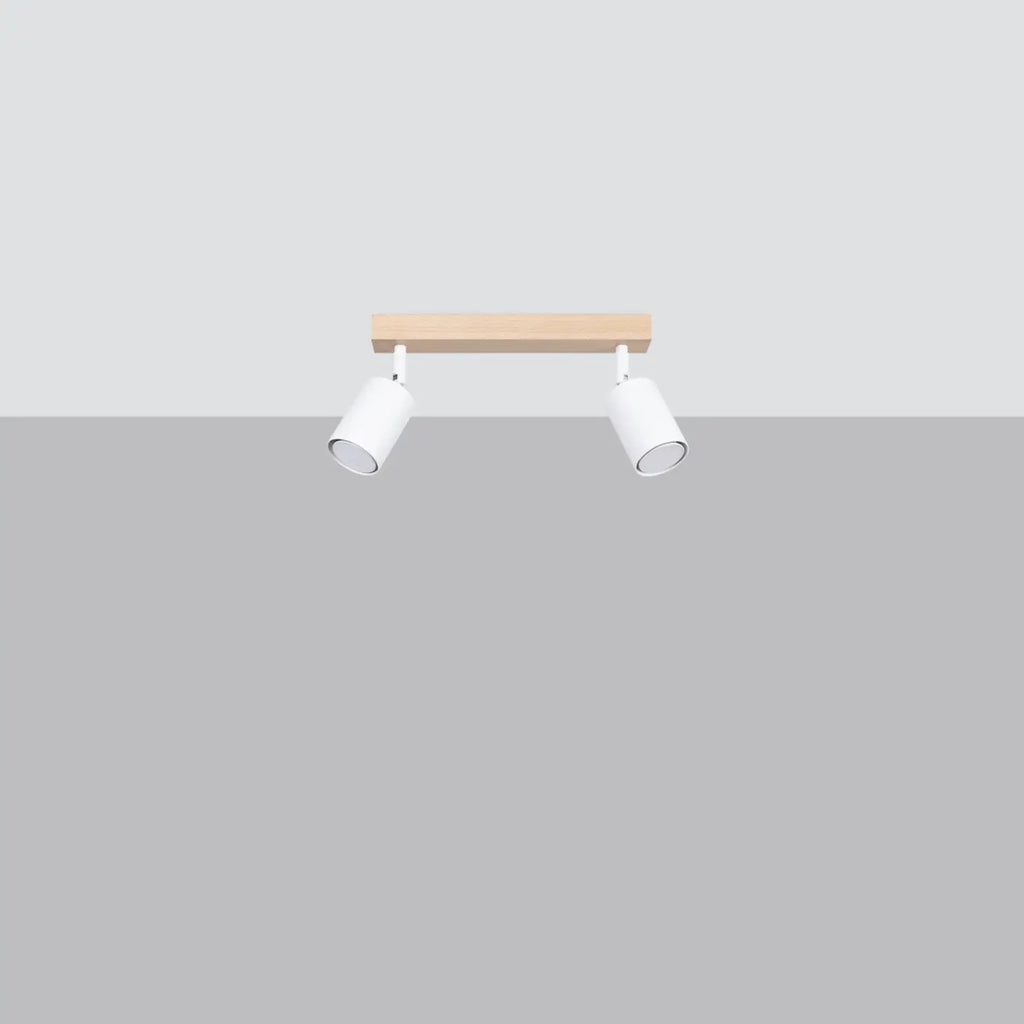 Plafonnier bois et spots cylindres en acier, barre ou disque, blanc/bois naturel