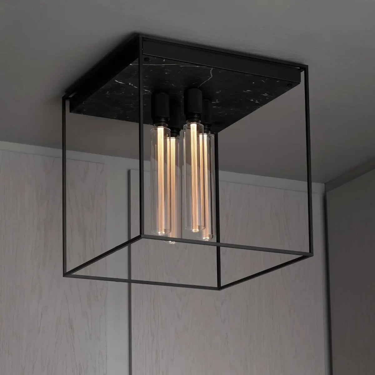 Plafonnier cage carrée à 4 ampoules, acier noir et marbre, noir