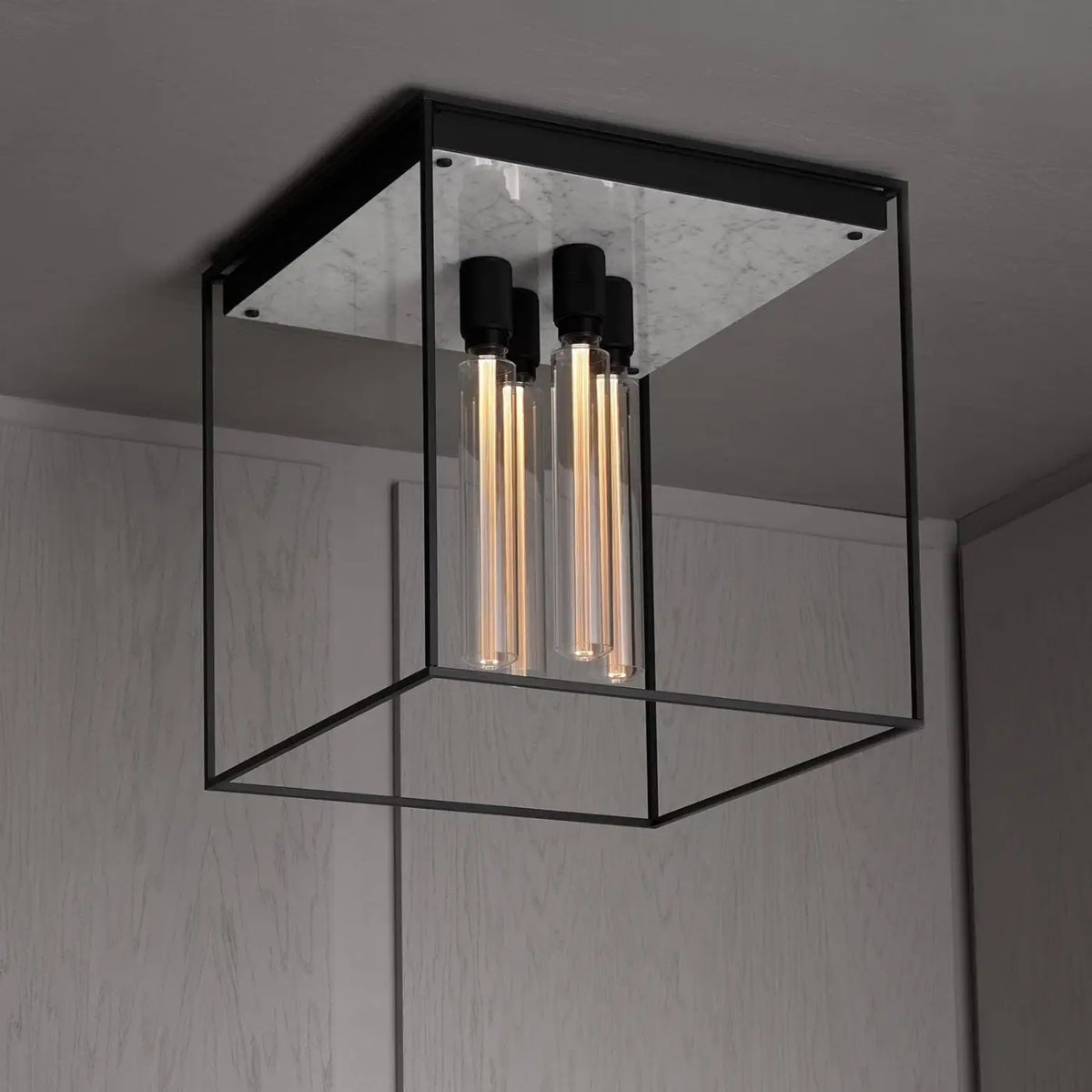 Plafonnier cage carrée à 4 ampoules, acier noir et marbre, blanc