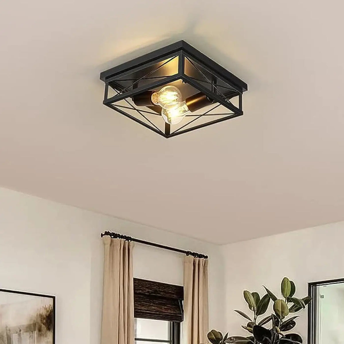 Plafonnier industriel carré noir avec ampoule apparente