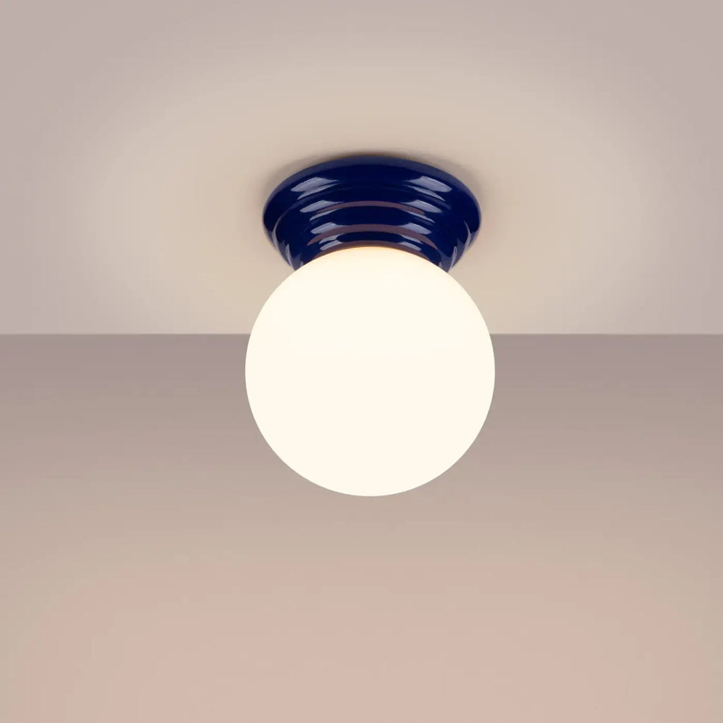Plafonnier céramique émaillée et globe en verre, IP44, sept couleurs