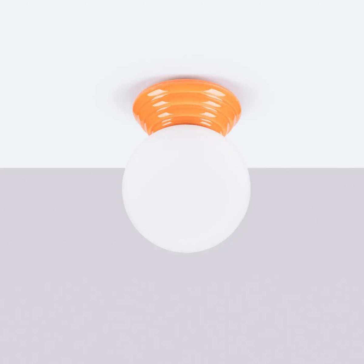 Plafonnier céramique émaillée et globe en verre, IP44, sept couleurs, orange