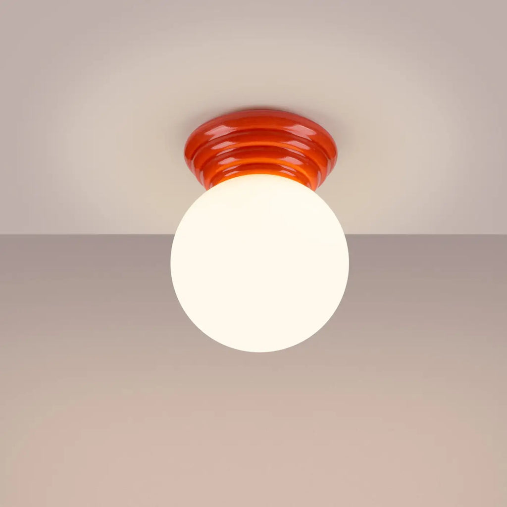 Plafonnier céramique émaillée et globe en verre, IP44, sept couleurs