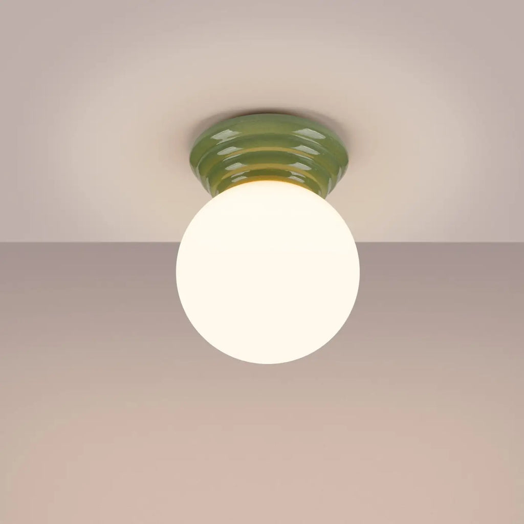 Plafonnier céramique émaillée et globe en verre, IP44, sept couleurs