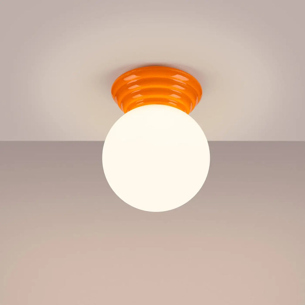Plafonnier céramique émaillée et globe en verre, IP44, sept couleurs
