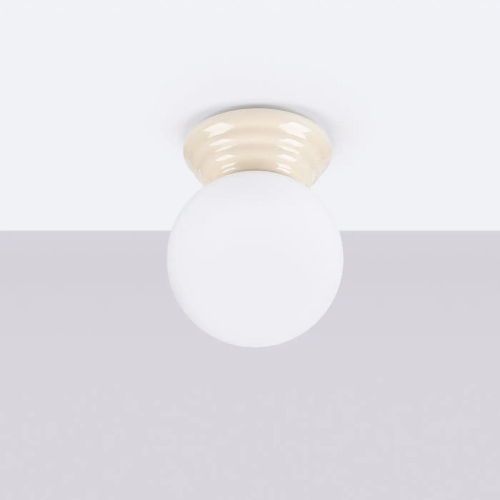 Plafonnier céramique émaillée et globe en verre, IP44, sept couleurs, beige