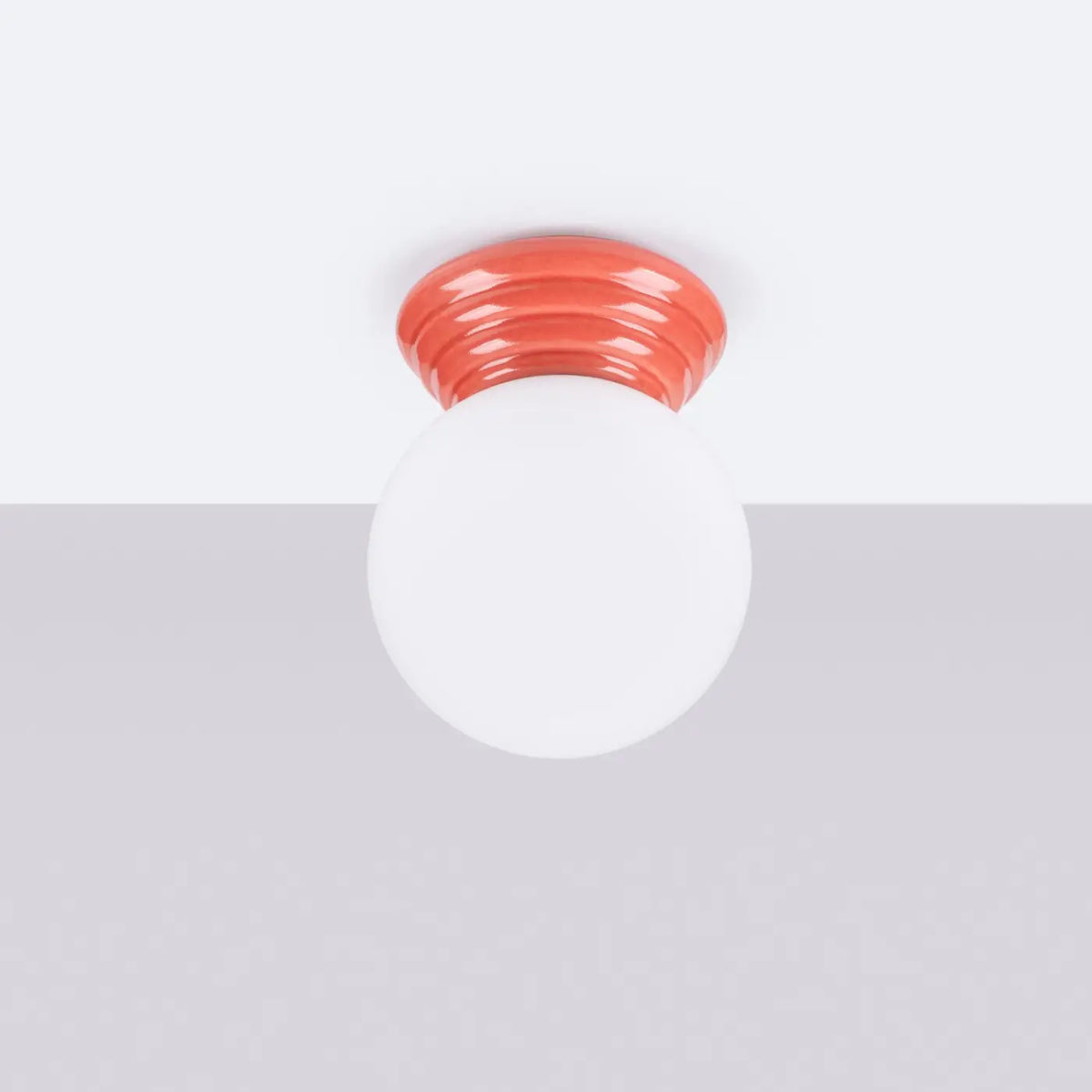 Plafonnier céramique émaillée et globe en verre, IP44, sept couleurs, pêche