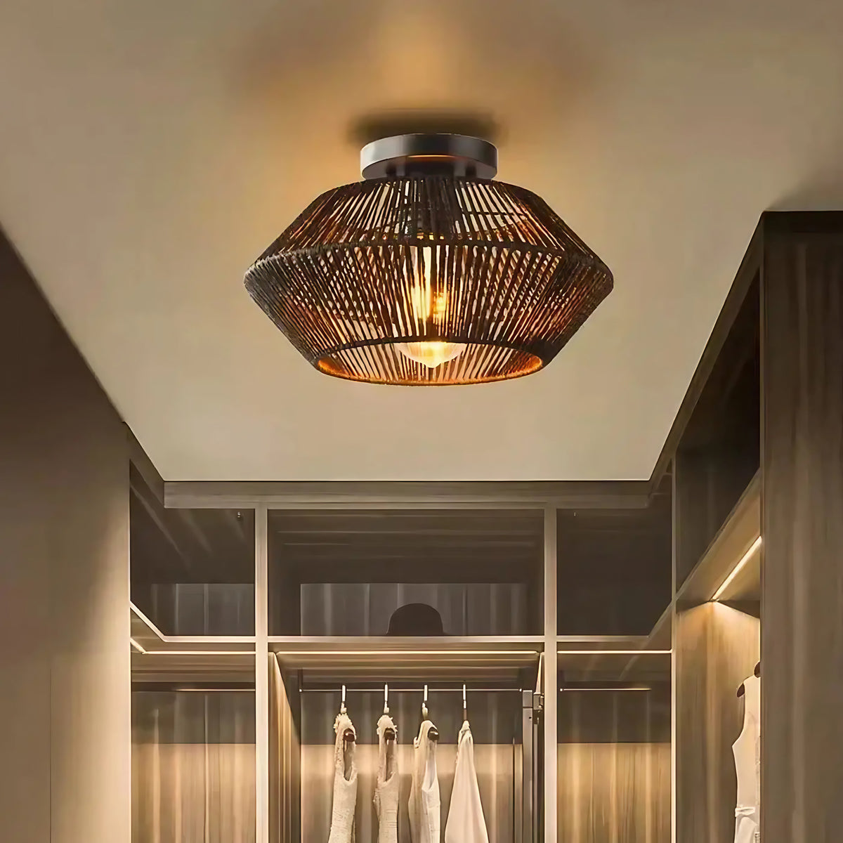 Plafonnier en corde tressée, beige, marron ou noir, marron