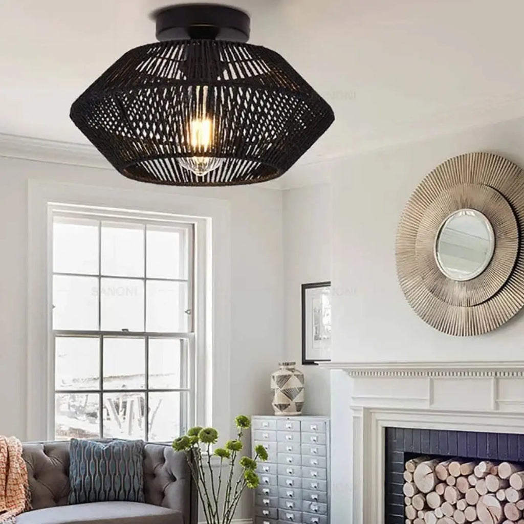 Plafonnier en corde tressée, beige, marron ou noir