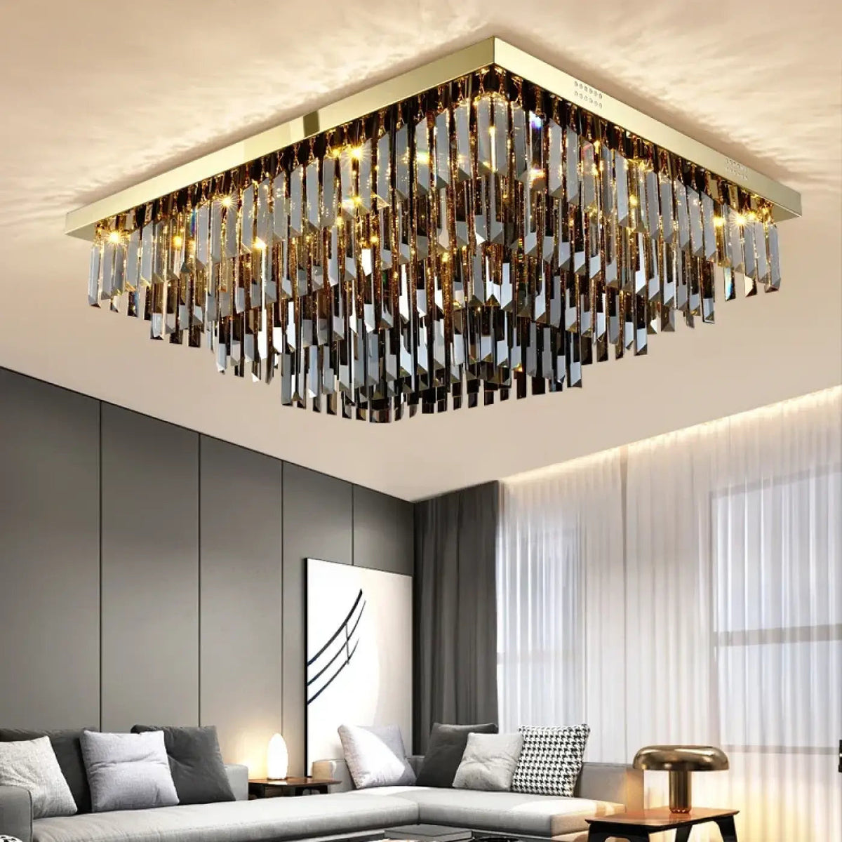 Plafonnier carré en cristal doré, tailles S à XL