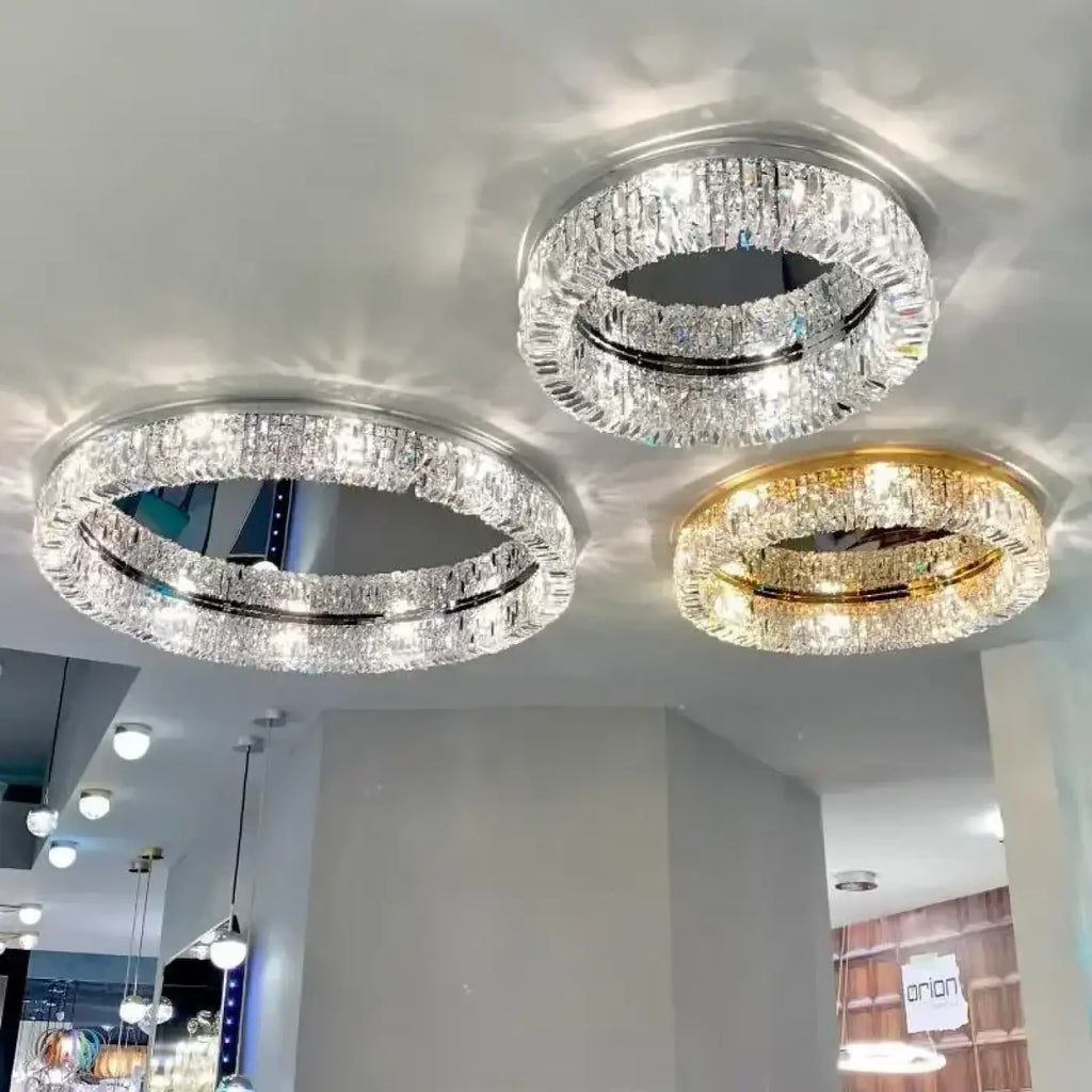 Plafonnier rond en cristal LED, doré ou argenté, quatre tailles