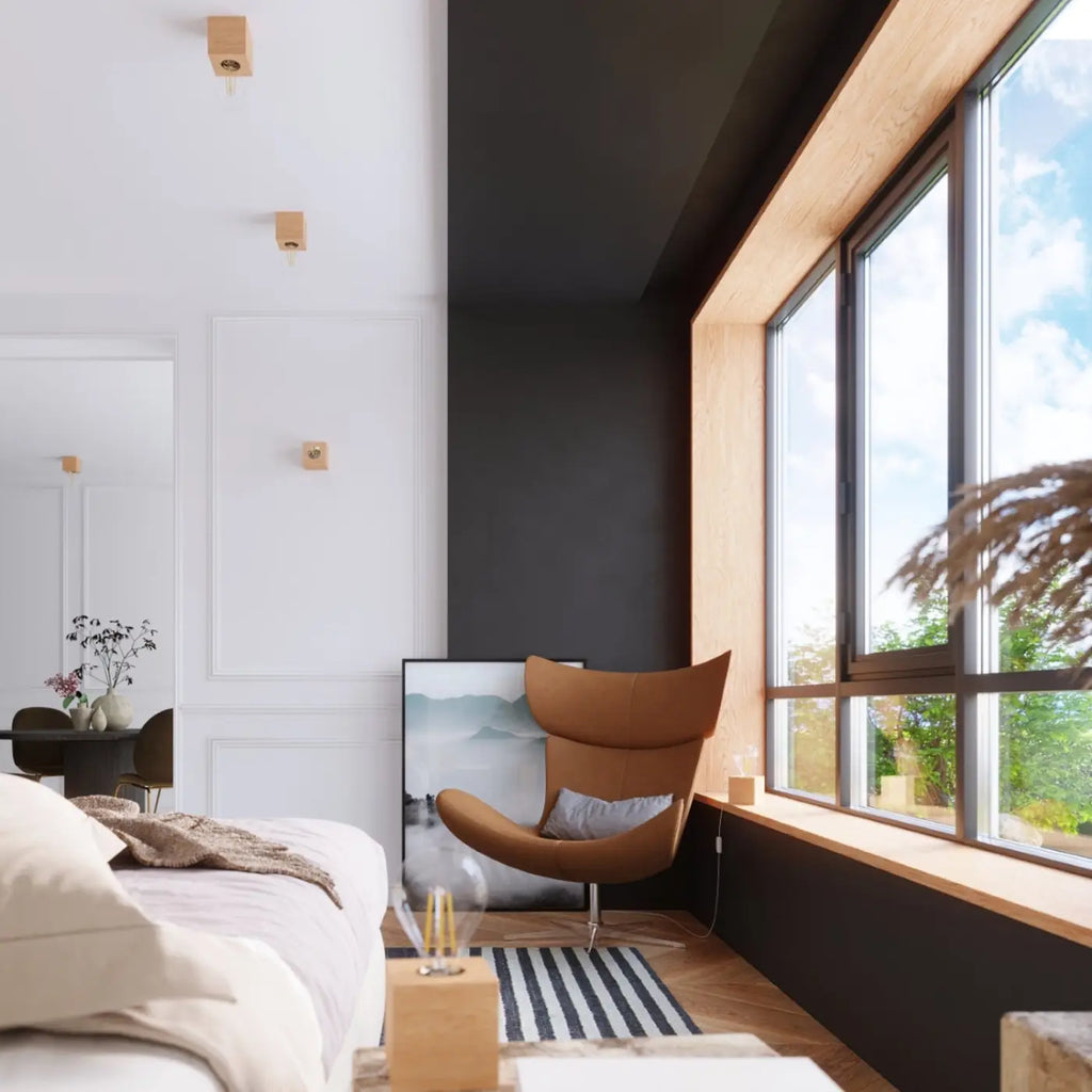 Plafonnier cube en bois ou béton gris, ampoule apparente E27