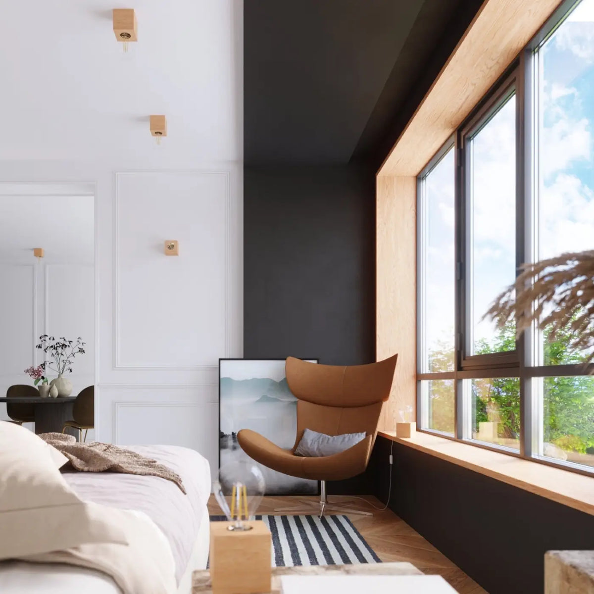 Plafonnier cube en bois ou béton gris, ampoule apparente E27
