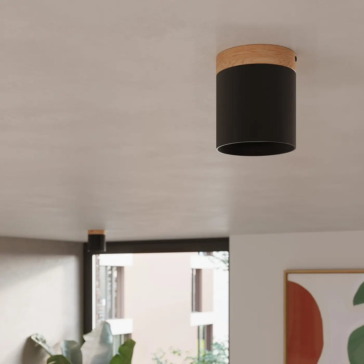 Plafonnier cylindre en aluminium et couronne en bois, GU10