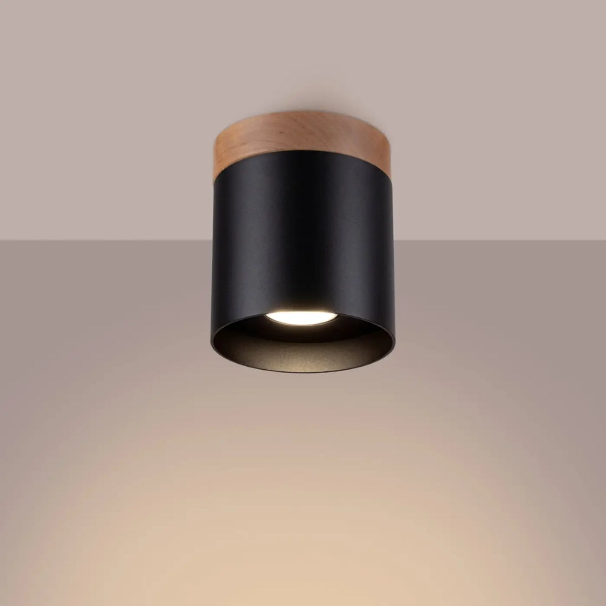 Plafonnier cylindre en aluminium et couronne en bois, GU10