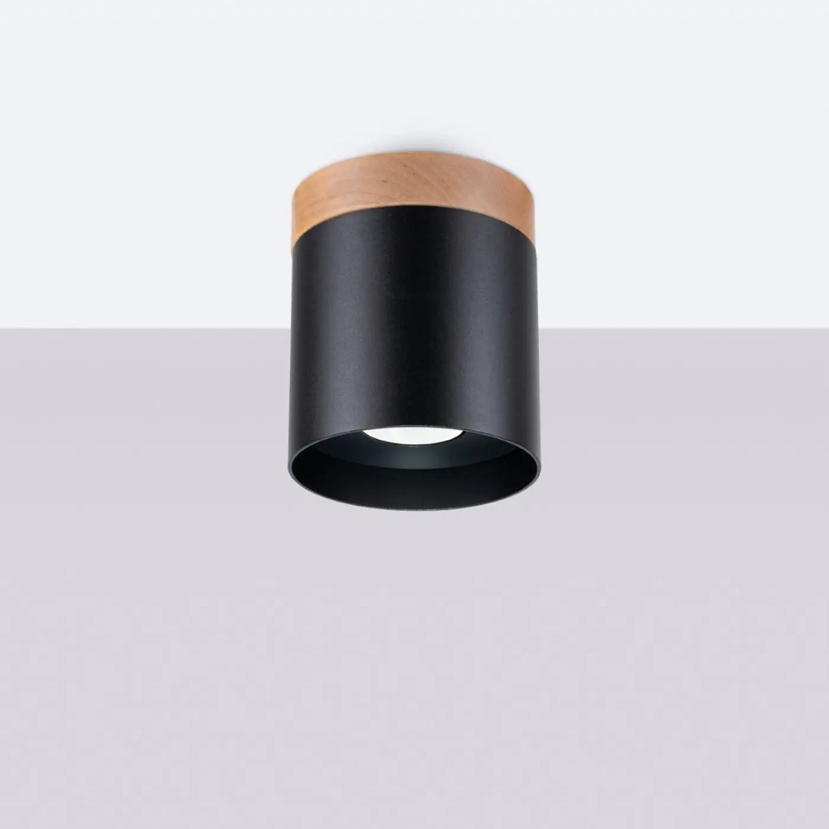 Plafonnier cylindre en aluminium et couronne en bois, GU10, noir/bois naturel