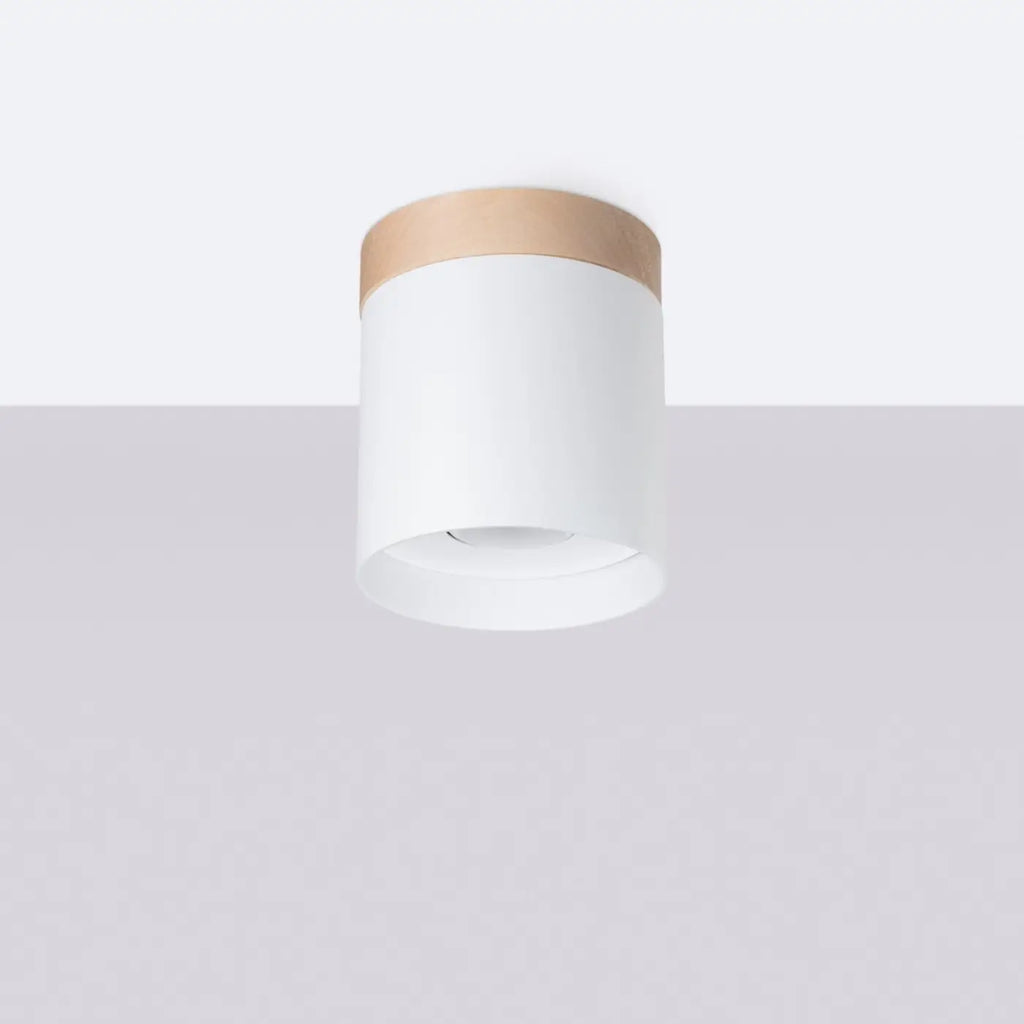 Plafonnier cylindre en aluminium et couronne en bois, GU10, blanc/bois naturel