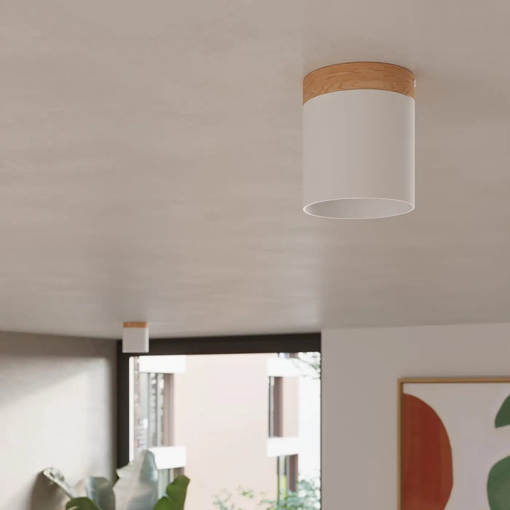 Plafonnier cylindre en aluminium et couronne en bois, GU10