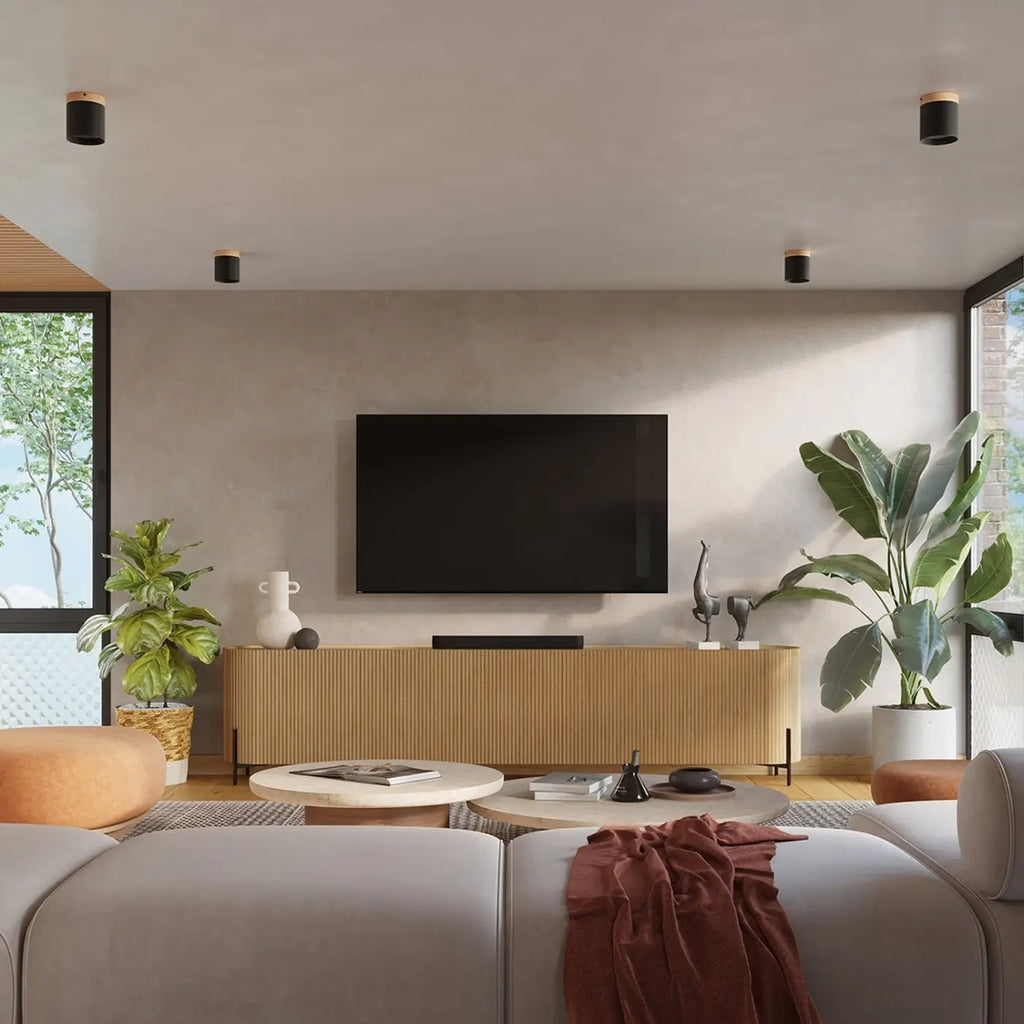 Plafonnier cylindre en aluminium et couronne en bois, GU10