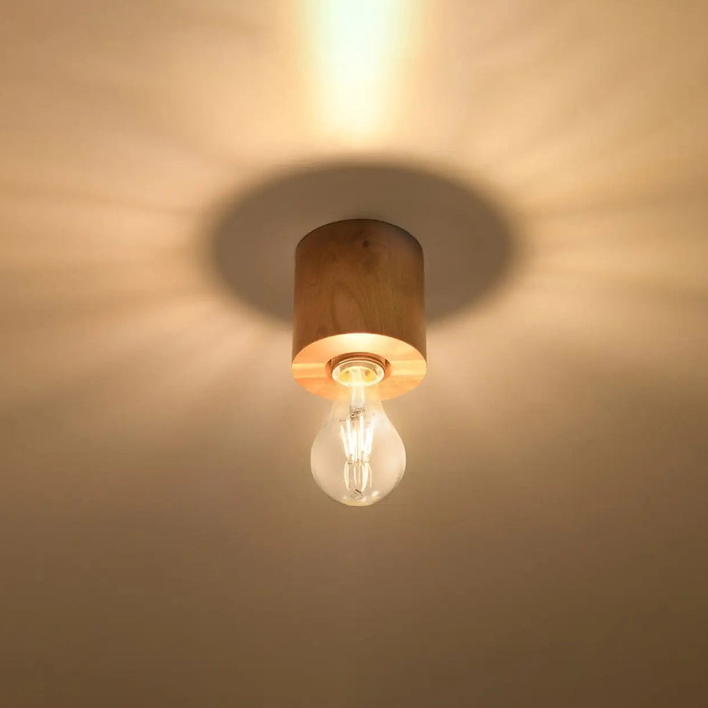 Plafonnier petit cylindre en bois ou béton, ampoule apparente