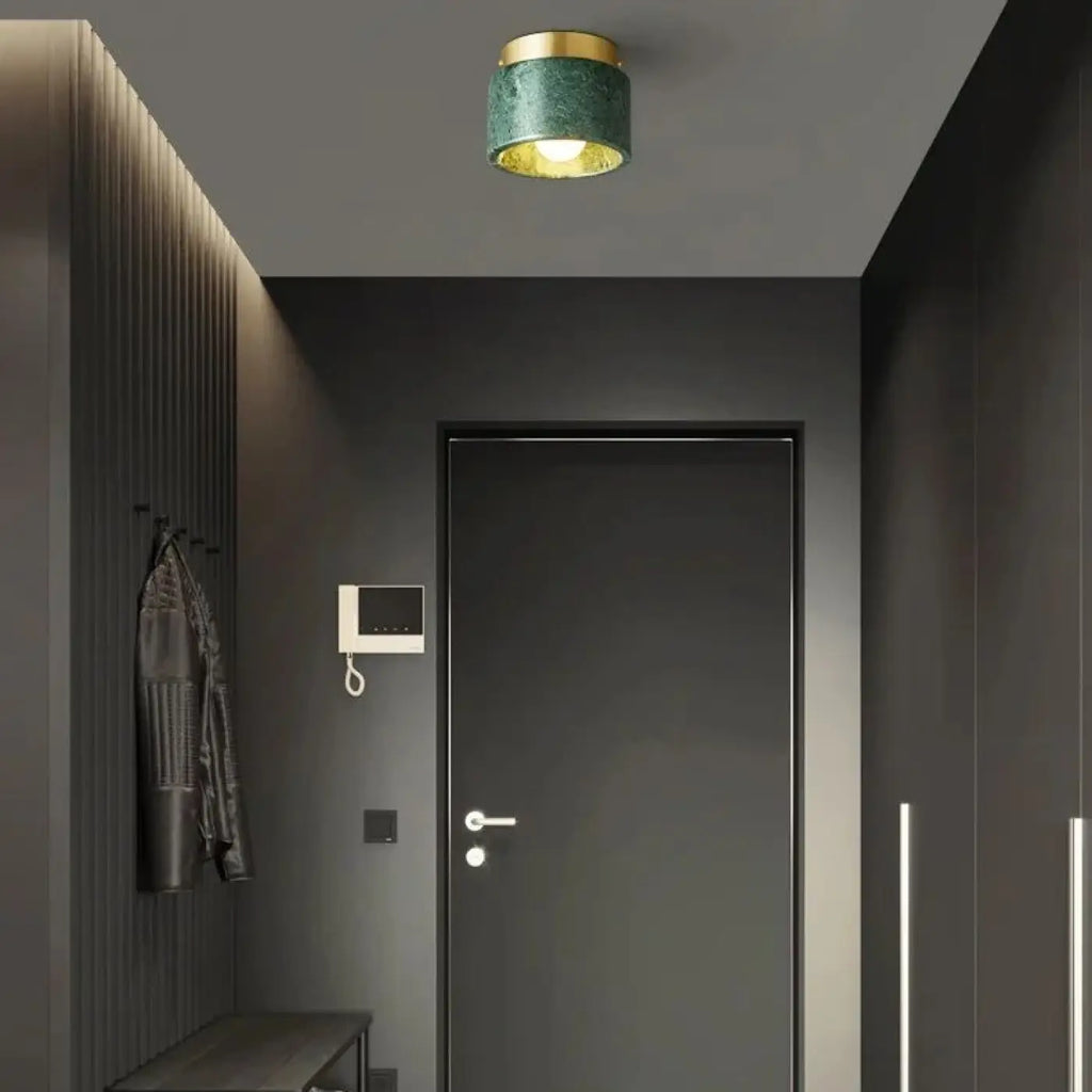 Plafonnier cylindre en marbre et métal doré, vert ou blanc, vert
