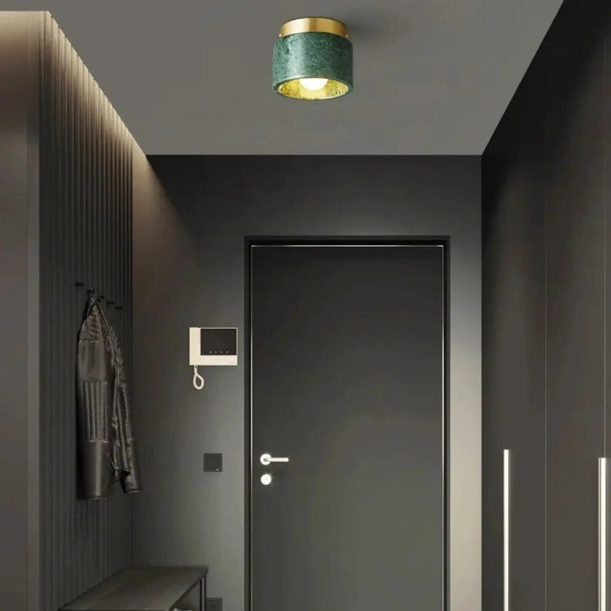 Plafonnier cylindre en marbre et métal doré, vert ou blanc, vert