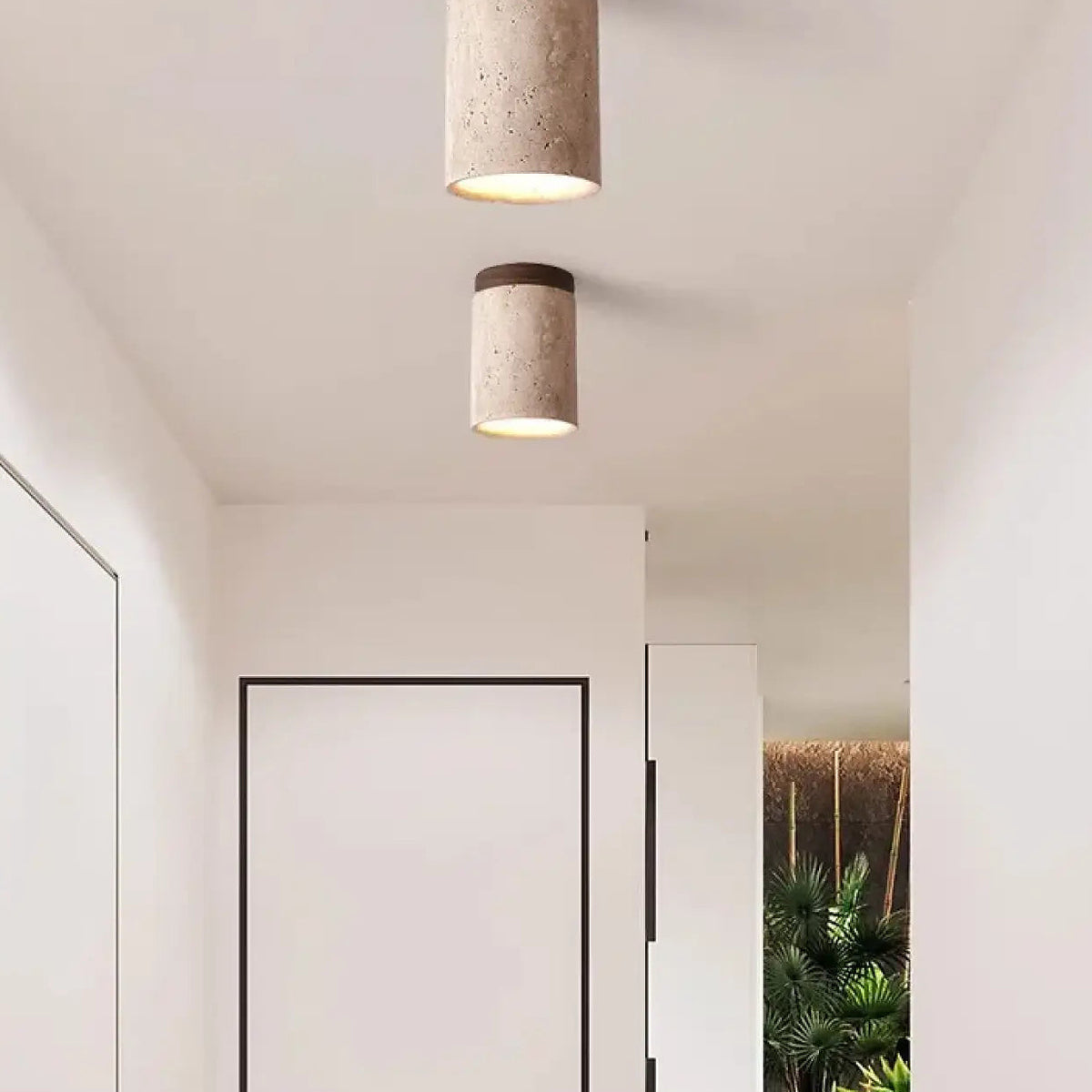 Plafonnier cylindre en pierre et bois, beige ou marron, beige