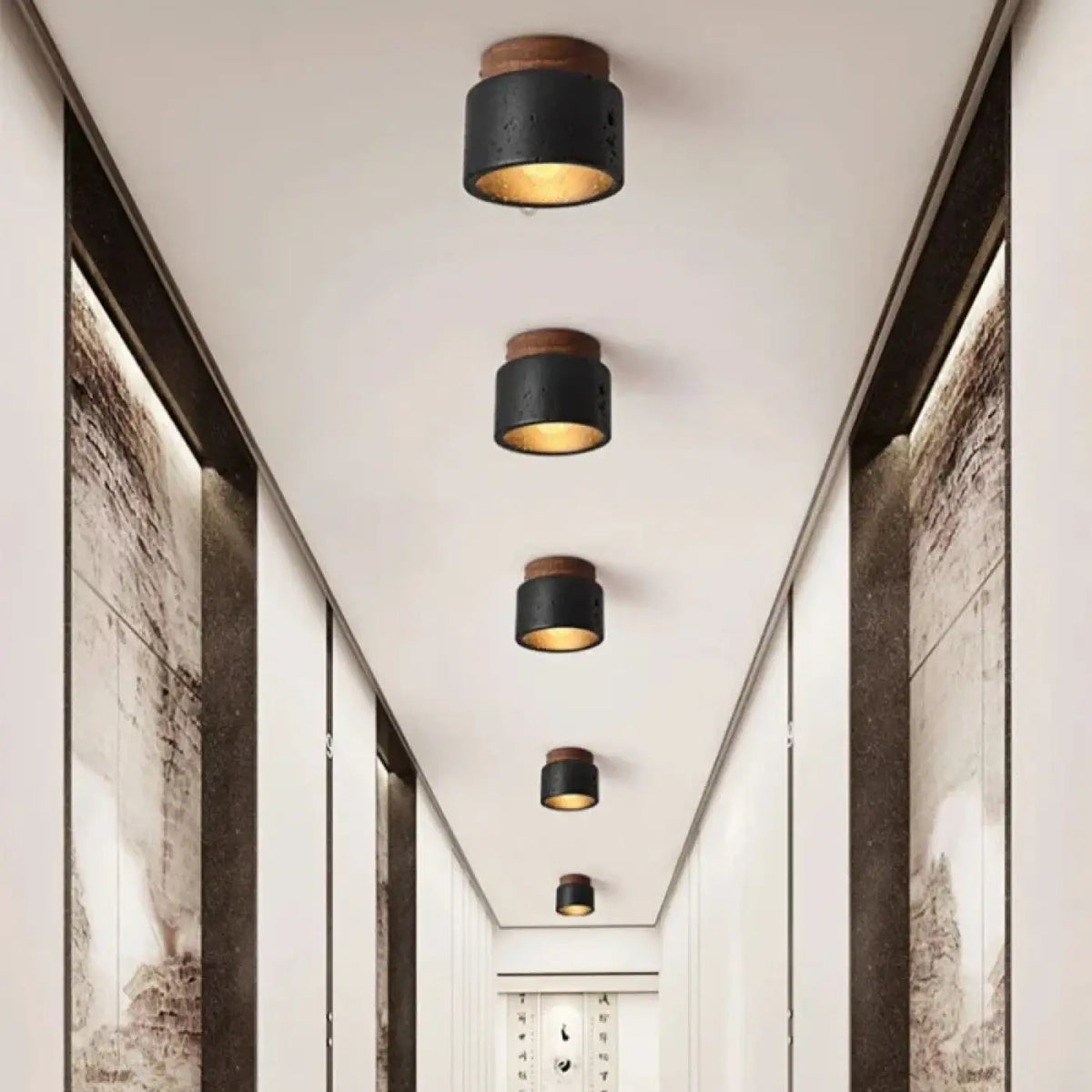 Plafonnier cylindre en marbre et noir mat, ligne épurée