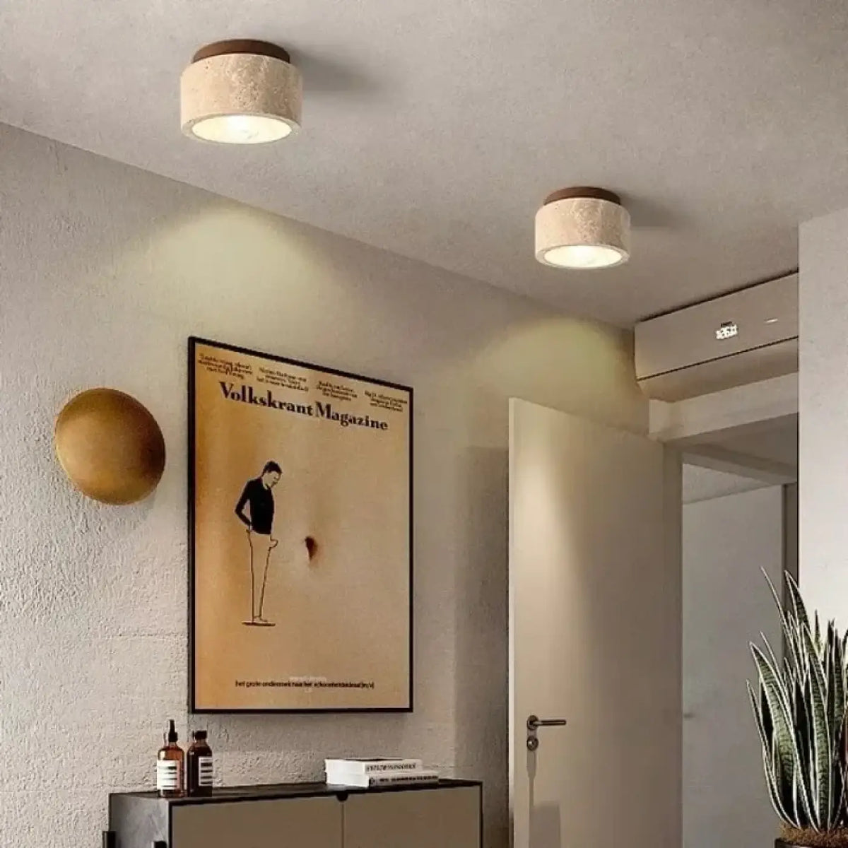 Plafonnier cylindre en pierre et bois, beige ou marron, beige