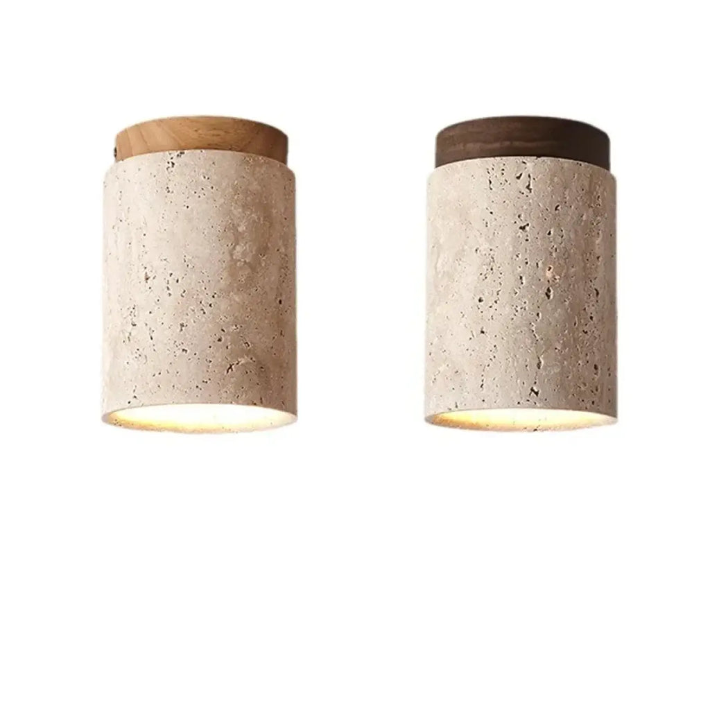 Plafonnier cylindre en pierre et bois, beige ou marron