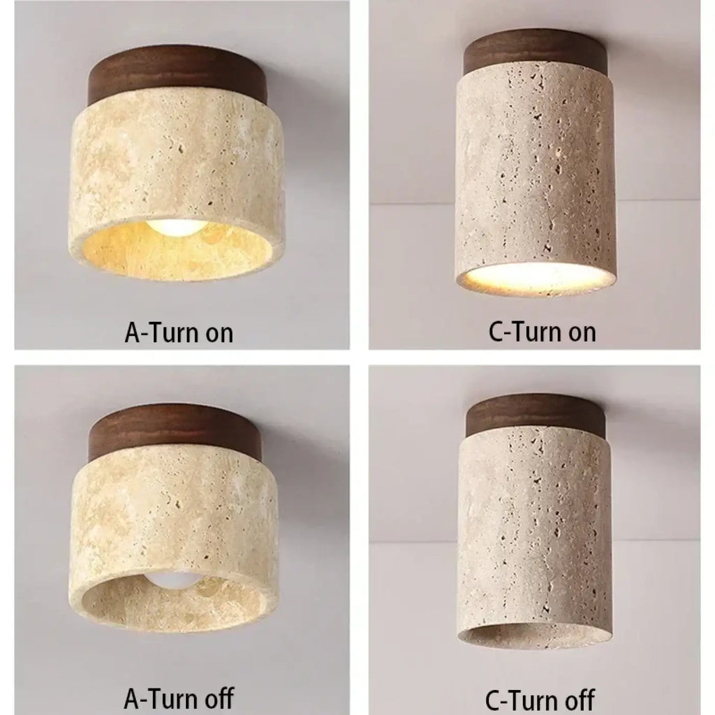 Plafonnier cylindre en pierre et bois, beige ou marron