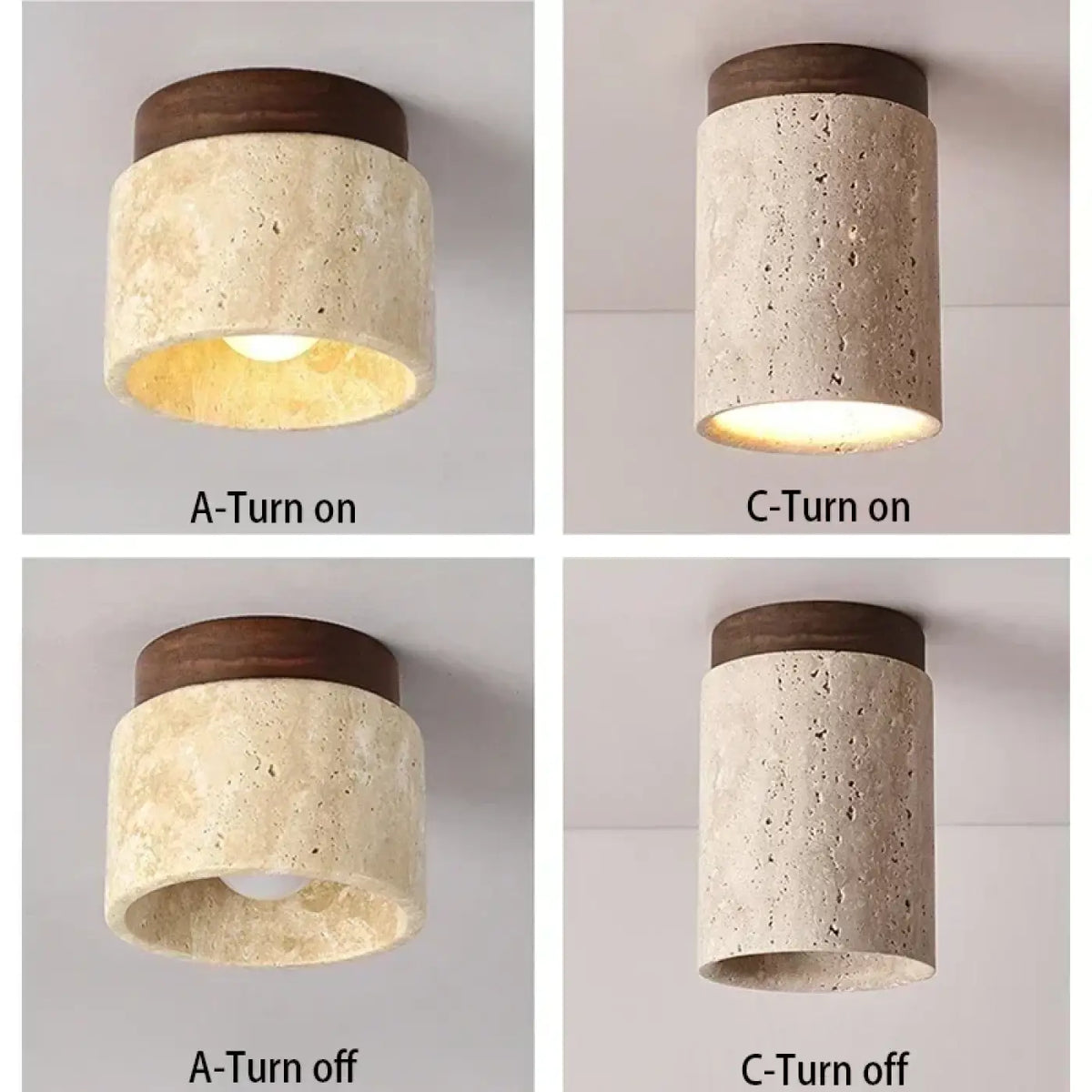 Plafonnier cylindre en pierre et bois, beige ou marron
