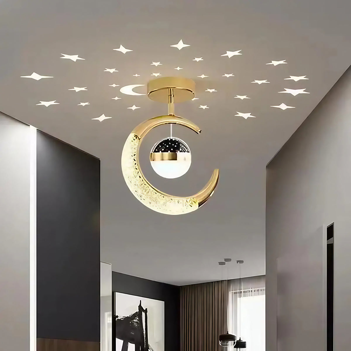 Plafonnier chambre d'enfant lune et étoiles, noir ou doré, doré
