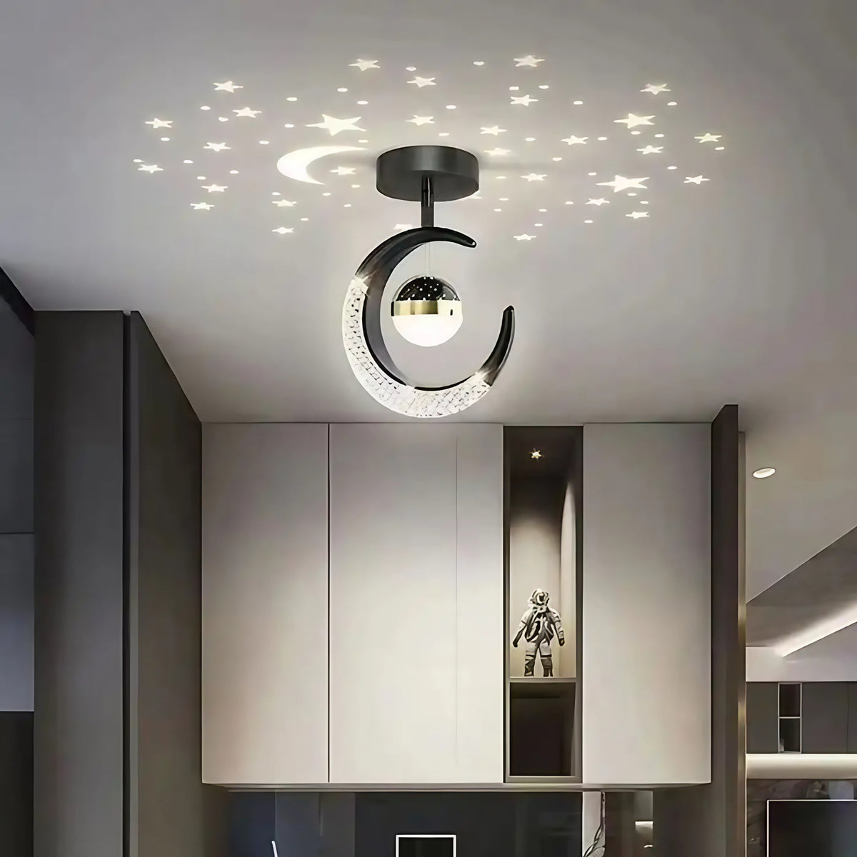 Plafonnier chambre d'enfant lune et étoiles, noir ou doré, noir