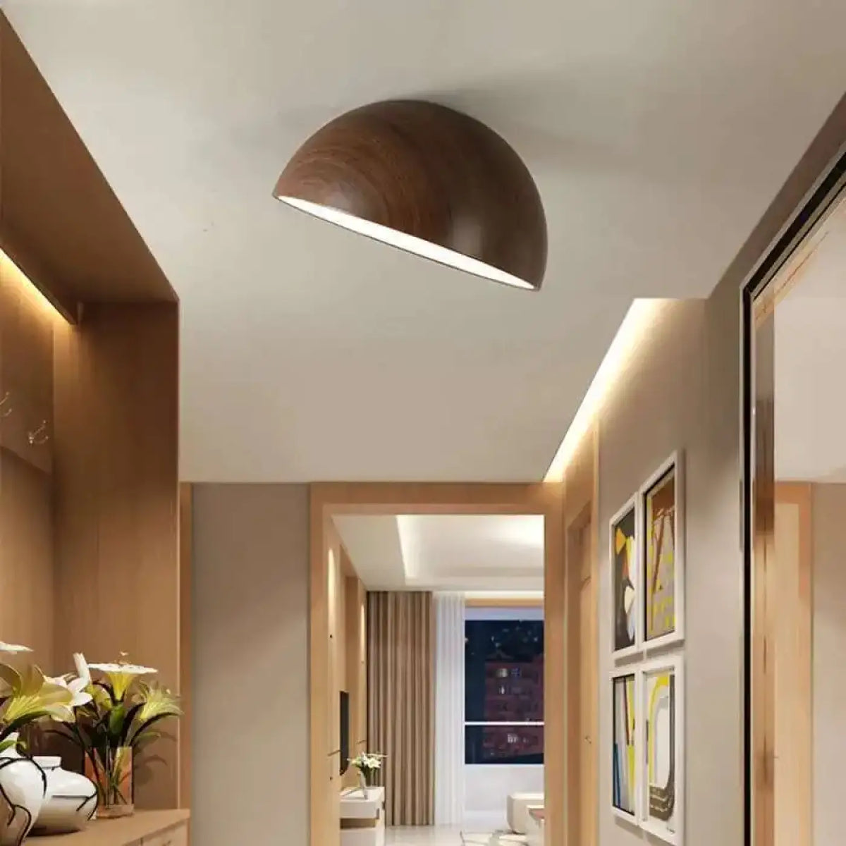 Plafonnier LED demi-sphère en bois, trois coloris, tailles S à XL