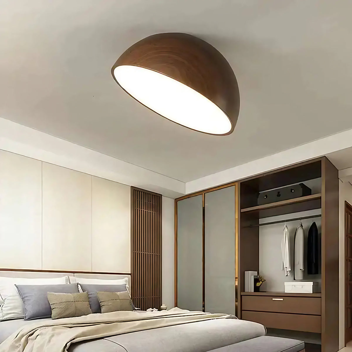 Plafonnier LED demi-sphère en bois, trois coloris, tailles S à XL, marron