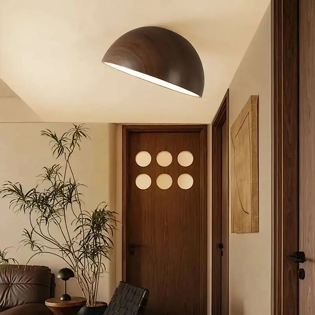 Plafonnier LED demi-sphère en bois, trois coloris, tailles S à XL, marron