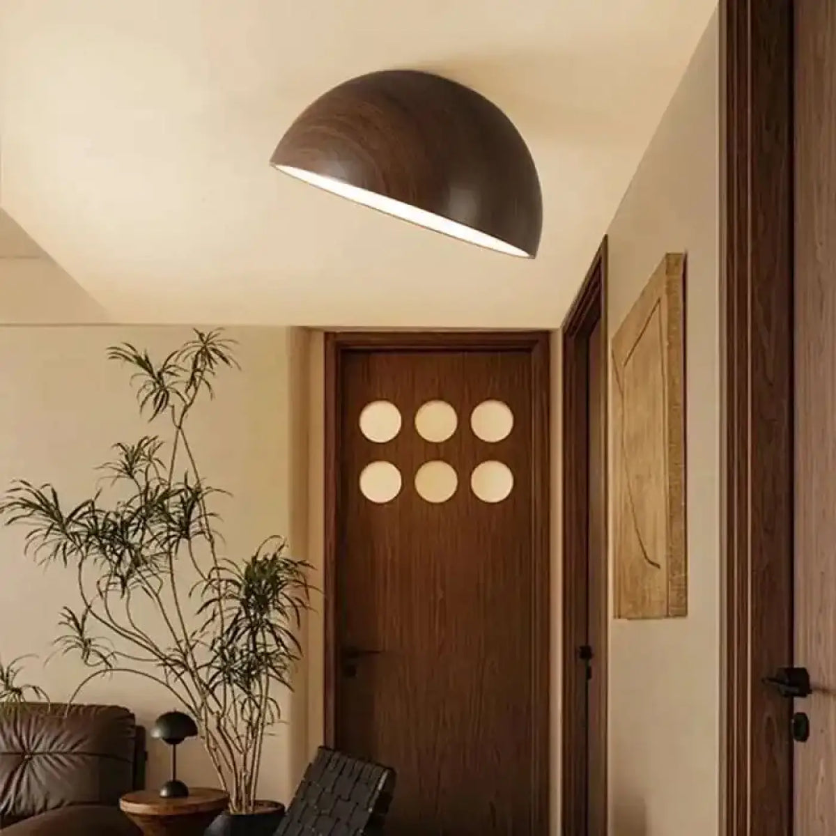 Plafonnier LED demi-sphère en bois, trois coloris, tailles S à XL, marron