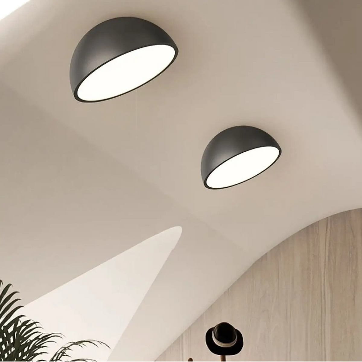 Plafonnier LED demi-sphère en bois, trois coloris, tailles S à XL, noir