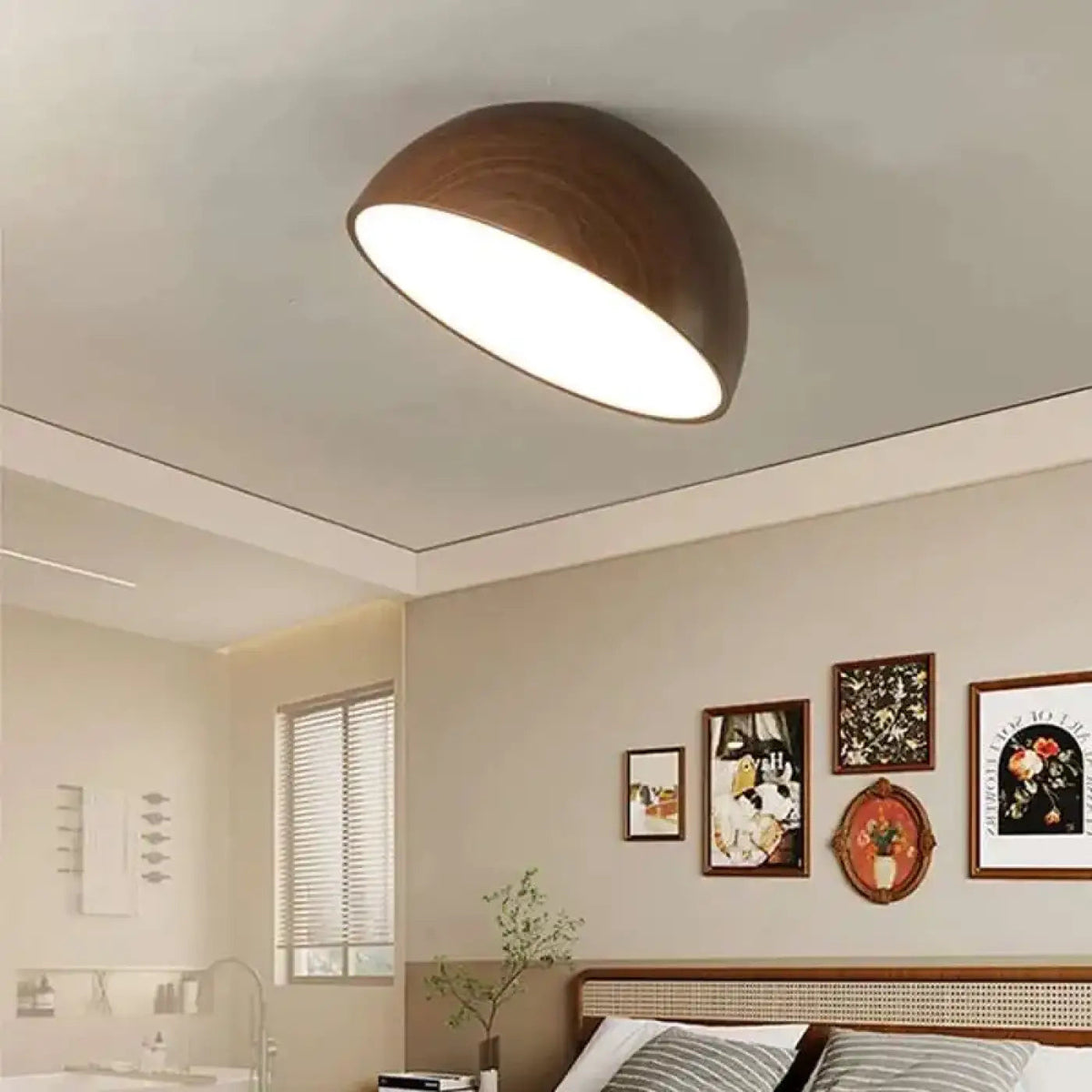Plafonnier LED demi-sphère en bois, trois coloris, tailles S à XL, marron