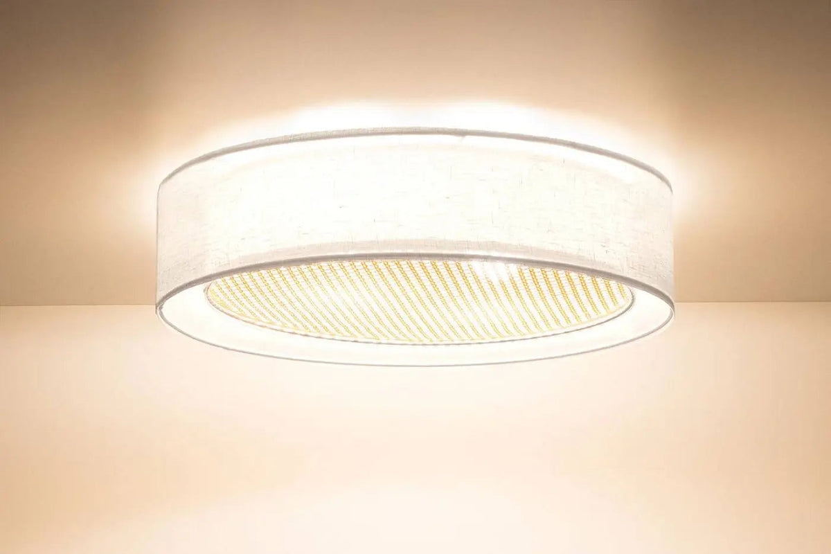 Plafonnier rond tissu blanc crème et rotin, 50 ou 60 cm