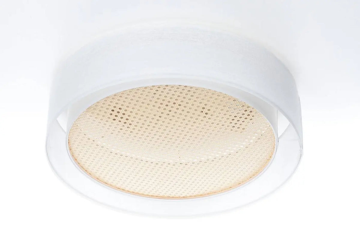 Plafonnier rond tissu blanc crème et rotin, 50 ou 60 cm