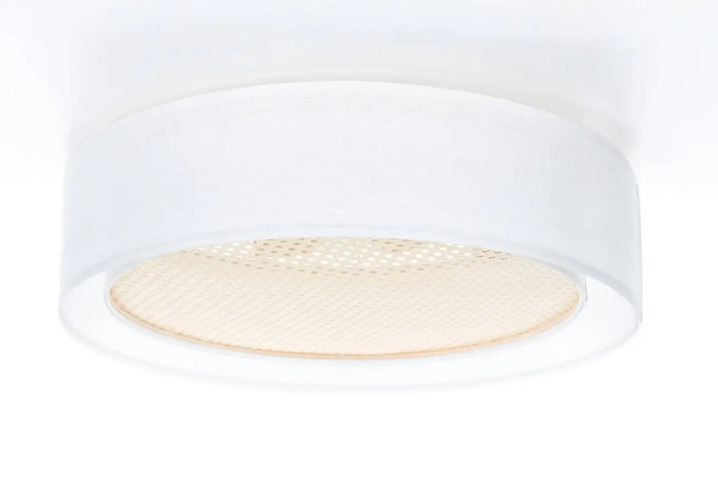Plafonnier rond tissu blanc crème et rotin, 50 ou 60 cm
