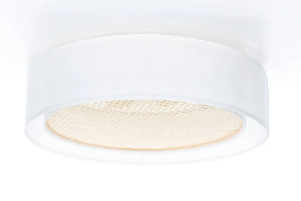 Plafonnier rond tissu blanc crème et rotin, 50 ou 60 cm
