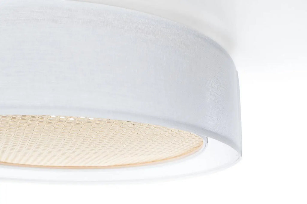 Plafonnier rond tissu blanc crème et rotin, 50 ou 60 cm