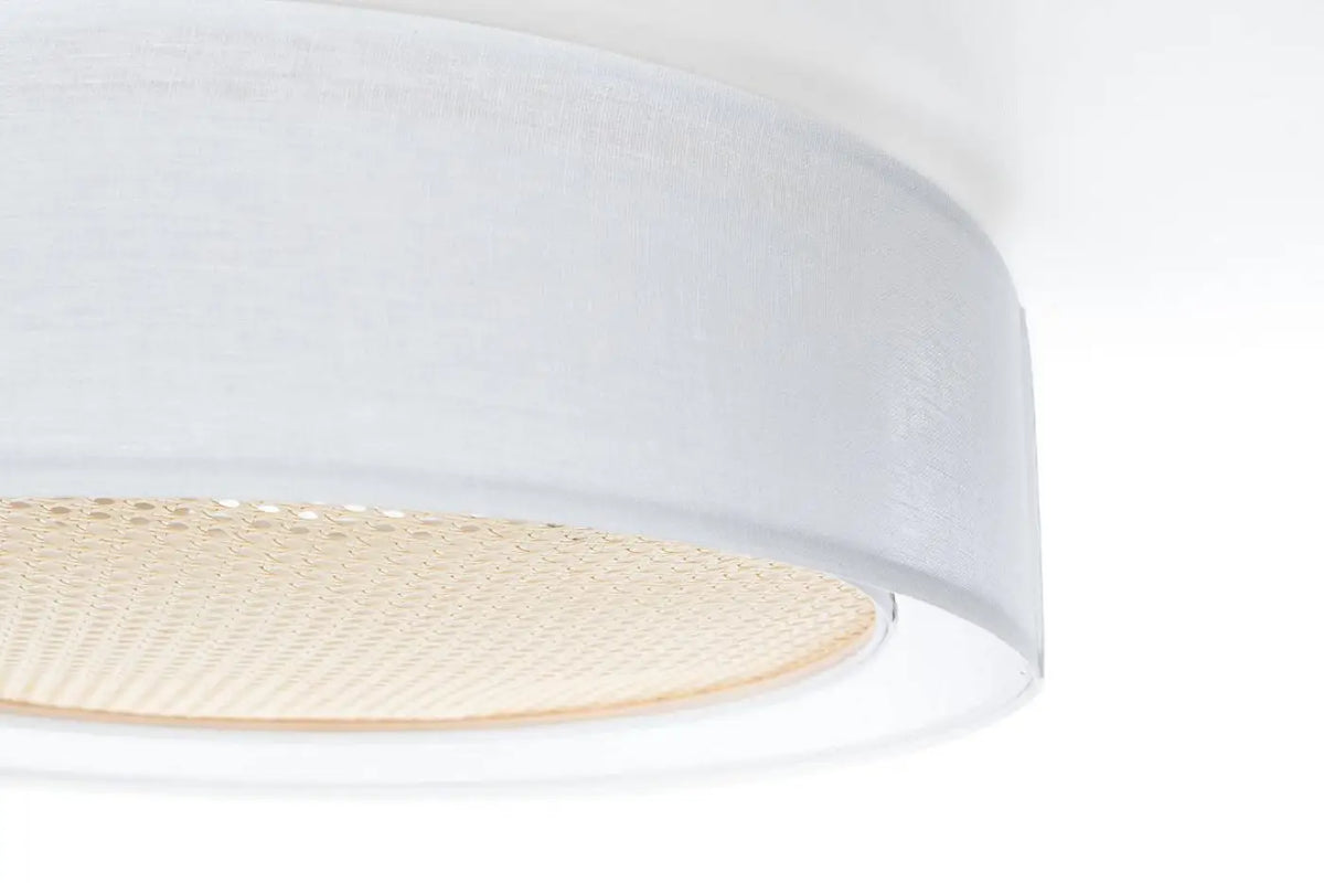 Plafonnier rond tissu blanc crème et rotin, 50 ou 60 cm