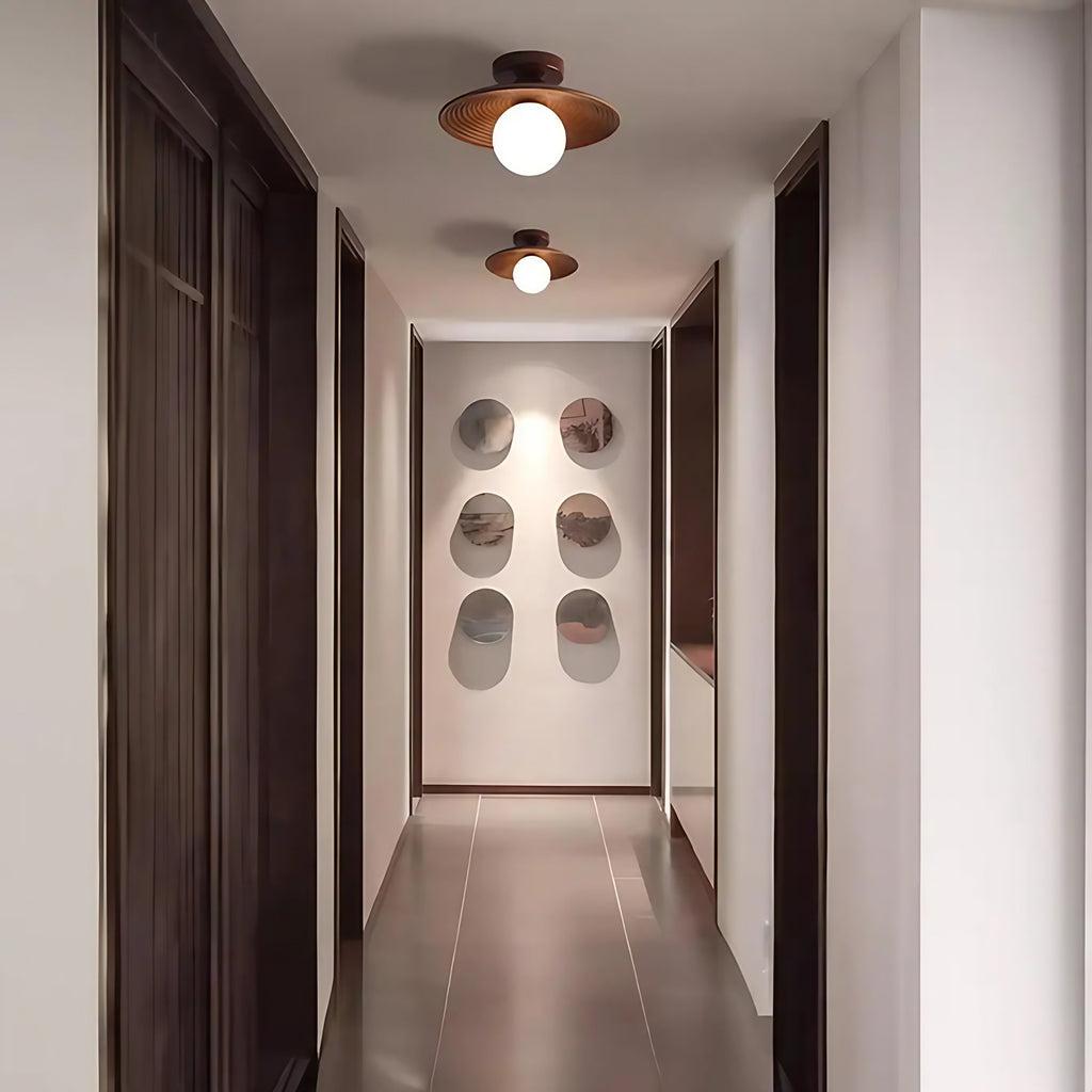 Plafonnier LED en bois teinte noix et fer, quatre modèles