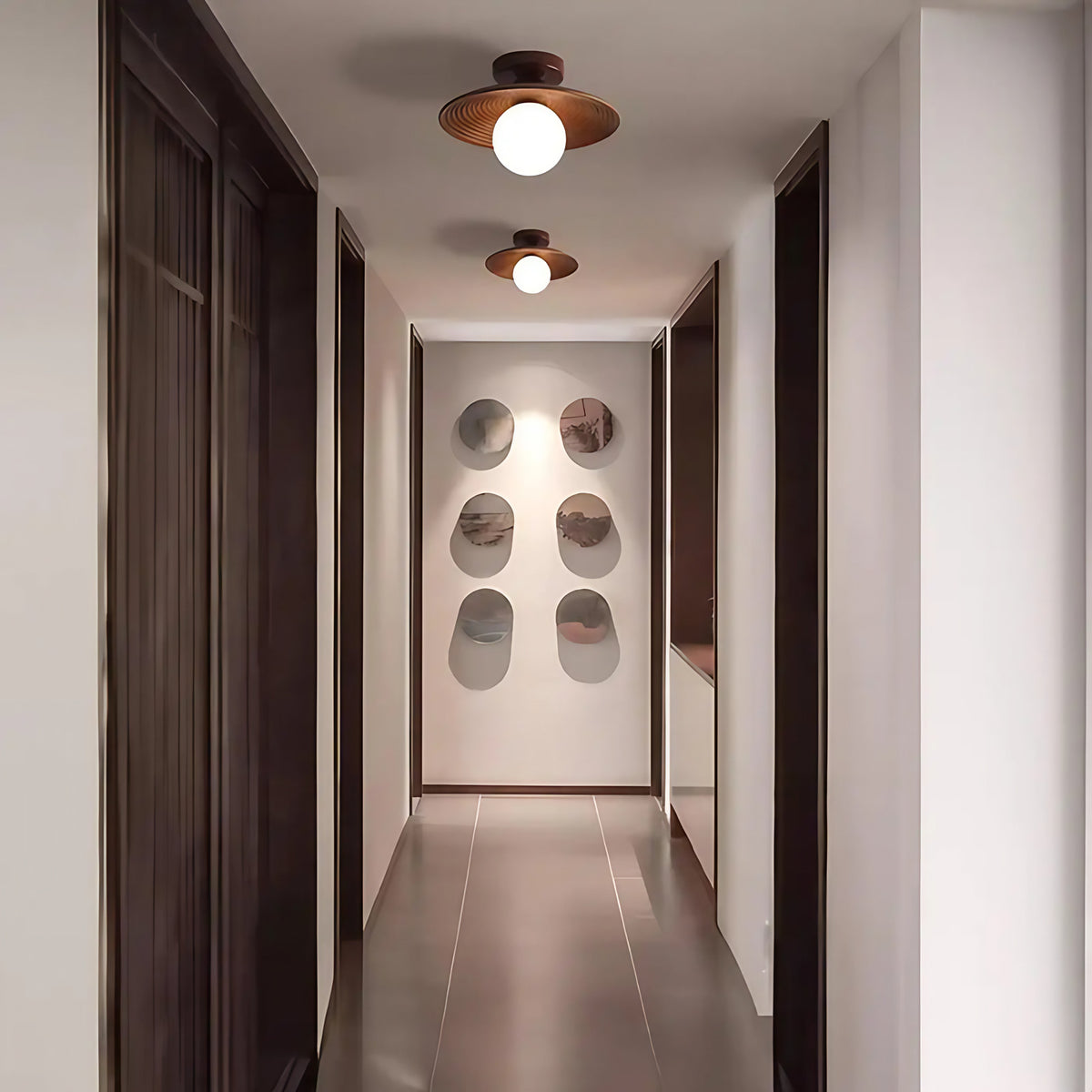 Plafonnier LED en bois teinte noix et fer, quatre modèles