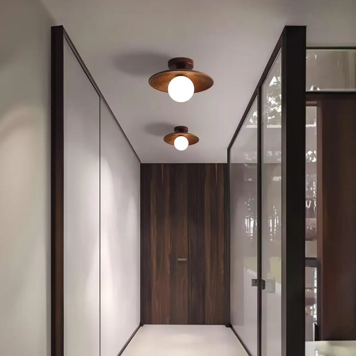 Plafonnier LED en bois teinte noix et fer, quatre modèles