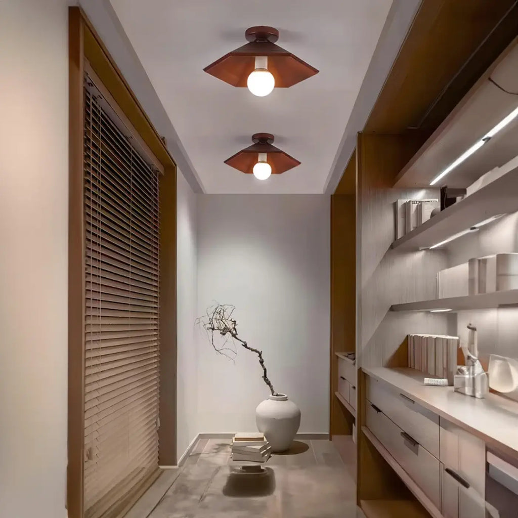 Plafonnier LED en bois teinte noix et fer, quatre modèles